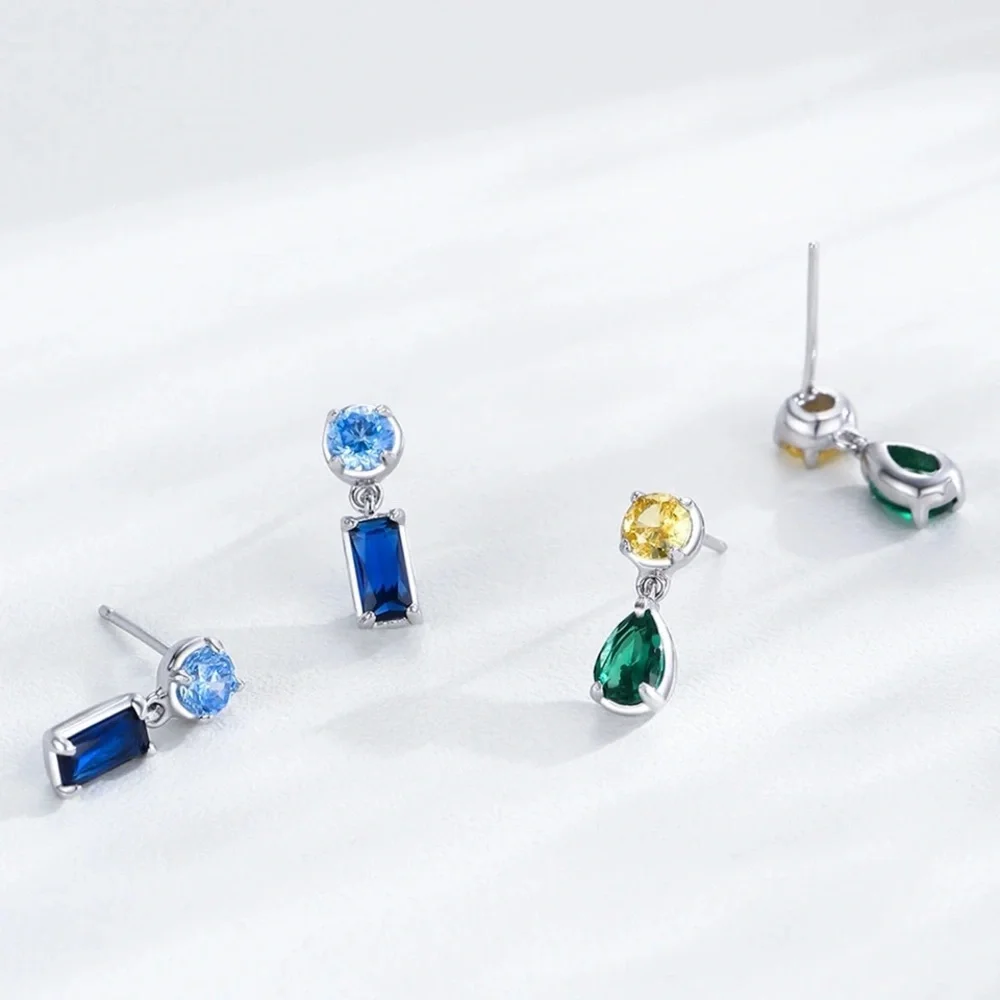 Anthro 2-tone Blue Sapphire Crystal Geometrical Sterling Silver Stud Earrings - Picture 6 of 16